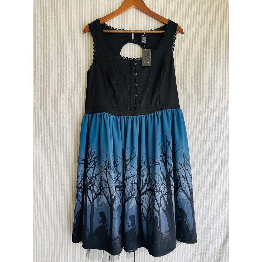 Torrid Disney Alice in Wonderland Tree Silo Corset Swing Dress Black Blue 12